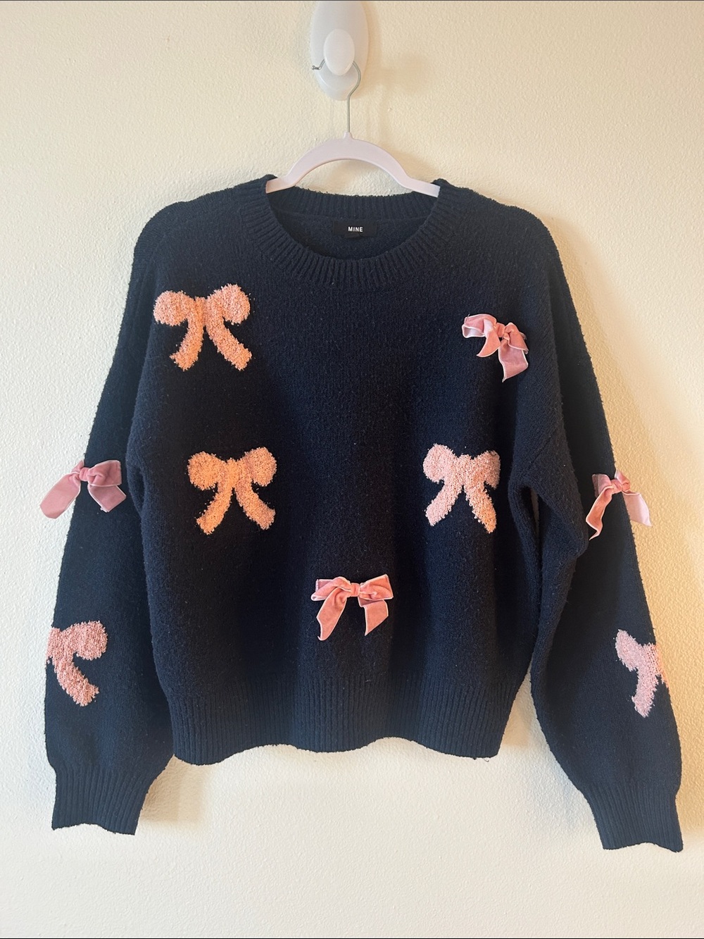 MINE Navy Blue Sweater with Pink Bow Appliqués